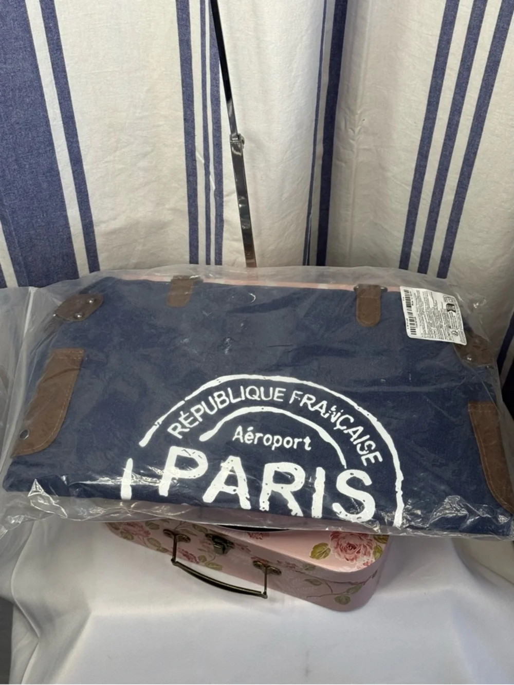Paris Republique Large Canvas Stamped Messenger Bag with Vegan Leather Accents - Picture 8 of 11